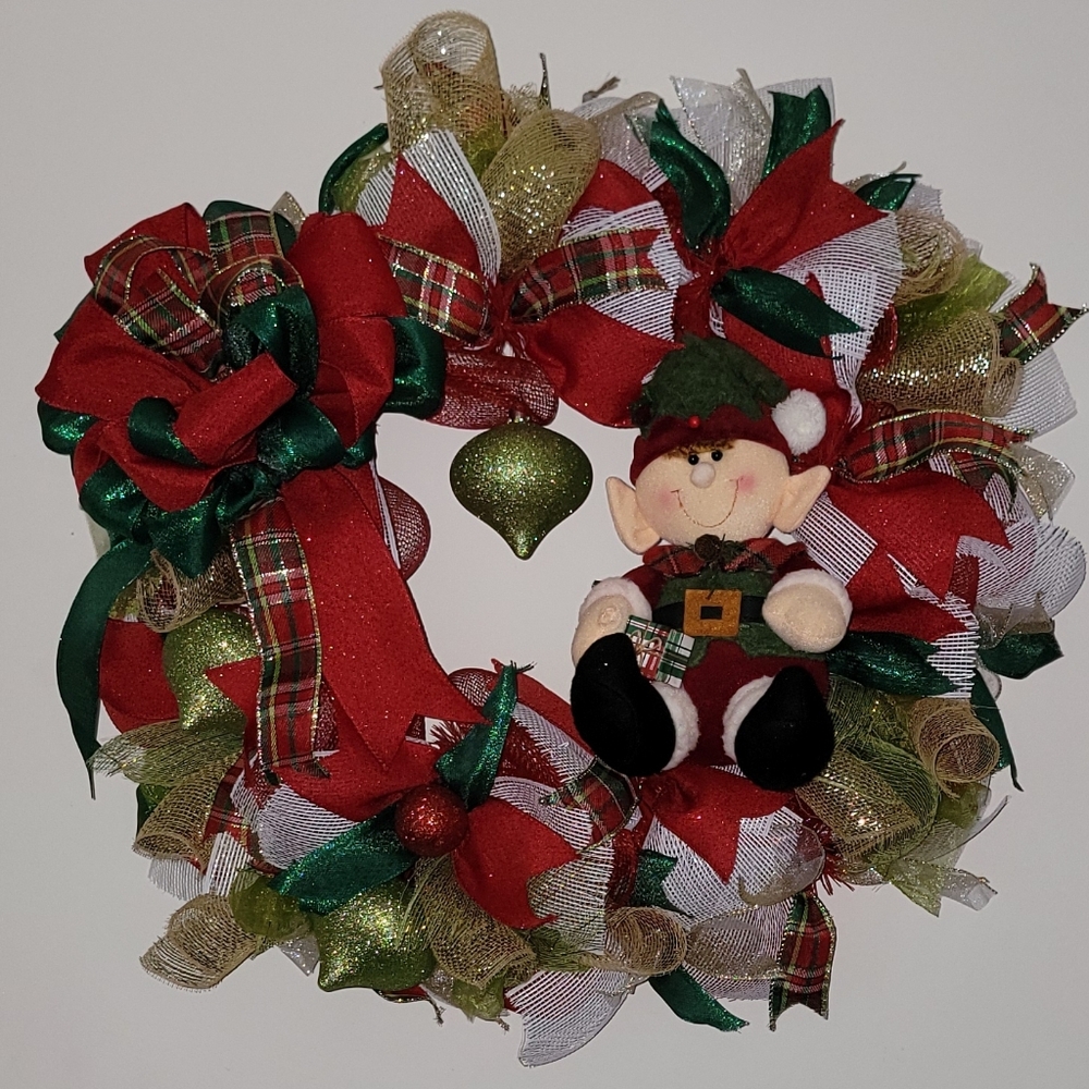 Charming Holiday Wreath with Elf and Red-Green Accents